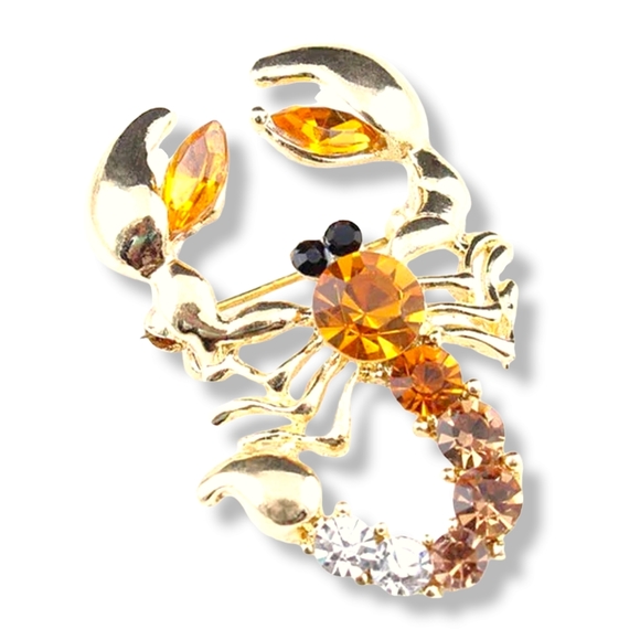 18K gold plated Orange and white crystal scorpion brooch - Picture 2 of 15